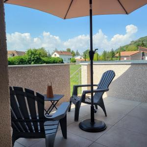 2 sillas y una sombrilla en el patio en Le Nid du Bosquet, en Issoire