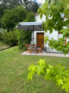 a table and chairs under an umbrella in a yard at Ferienhaus Naturtraum Eifel in Gerolstein