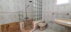 a bathroom with a shower and a toilet and a sink at Chalé Almaria in Oliva +8 photos