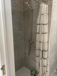 a shower with a shower curtain in a bathroom at Cranley in Carshalton