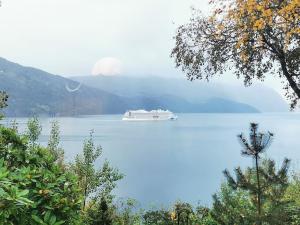 a cruise ship in a large body of water at Stranda apartment in Stranda