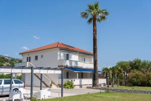 a palm tree in front of a white house at Rab Island Apartmets - Palit in Rab