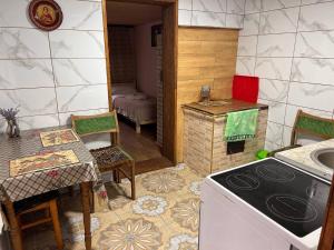 a kitchen with a stove and a table and chairs at Будиночок Мойсейчуків in Krivorovnya