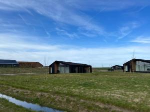 a group of houses in a field with a pond at Holiday Home Wissenkerke near Lake Veere in Wissenkerke