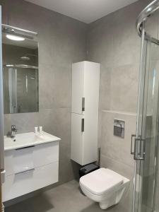 Un baño con inodoro, lavabo y ducha. en Rent Apartment, en Wieliczka