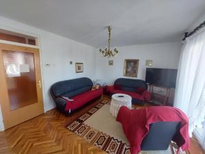 a living room with two couches and a piano at Milka Apartments in Njivice
