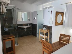 a bathroom with a shower and a sink and a toilet at Hotel Rural Can Maries in Puerto de San Miguel