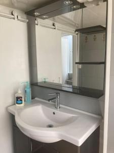 a bathroom with a white sink and a mirror at Une nuit, la vie avec Marie Lou in Venette