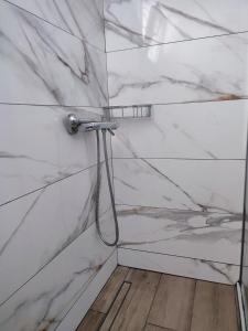 a bathroom with white marble walls and a hose at Little Dream House in Valanidorachi +28 photos
