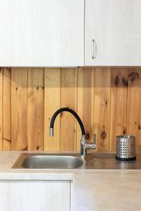 a kitchen with a sink and wooden cabinets at PodLaskiem Sleep&Spa in Ateny