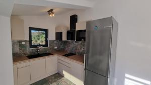 una cocina con refrigerador de acero inoxidable en Robinson house DUJE, en Pašman 26 fotos más