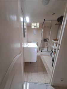 a white bathroom with a sink and a shower at Les Loulous in Ceyreste