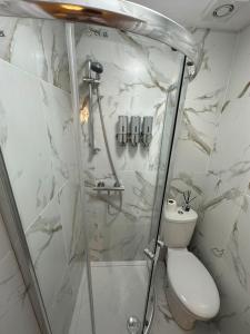 a bathroom with a shower and a toilet at The White House in Birmingham +13 photos