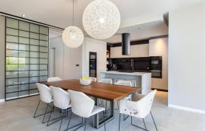 a kitchen and dining room with a wooden table and white chairs at Pet Friendly Home In Rukavac With Sauna in Rukavac