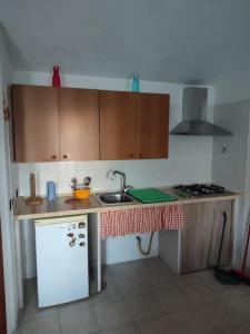 a small kitchen with a sink and a white refrigerator at casa vacanza Teresa 2 in Vieste