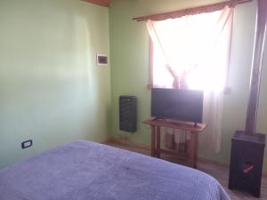 Un dormitorio con una cama y un televisor y una ventana. en Cabaña del Lago, en San Carlos de Bariloche