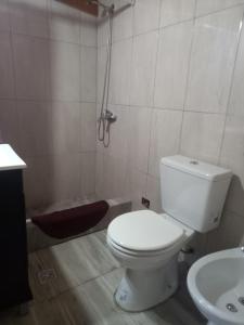 Un baño con un inodoro blanco y un lavabo. en Cabaña del Lago, en San Carlos de Bariloche