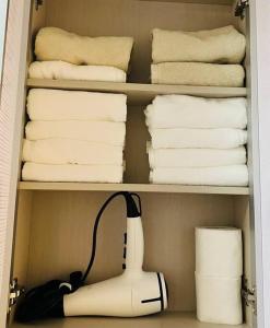 a closet with towels and a white blender in it at 1 min from Sadang Station line 2 & 4 in Seoul