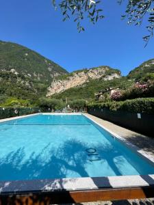 a large swimming pool with mountains in the background at Residence Cascata Varone in Riva del Garda