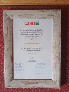 Certifikát, hodnocení, plakát nebo jiný dokument vystavený v ubytování Hotel Pension Hubertus