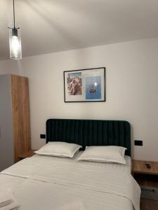 ボルシャにあるNorth Kabanの緑のヘッドボード付きのベッド1台(ベッドルーム内)