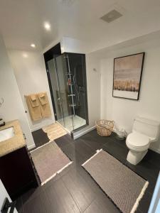 Un baño con ducha, inodoro y lavabo. en Cozy and modern Pemberton Heights Suite, en North Vancouver 16 fotos más