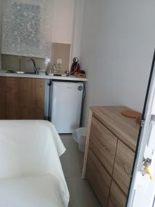 a small kitchen with a sink and a refrigerator at Afytos Dream suites sea view in Afitos