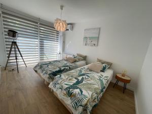 a bedroom with two beds and a tripod at Le Val d'escure in Saint-Raphaël