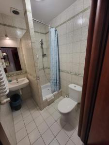 Un baño con inodoro, lavabo y ducha. en Pensjonat Marzenie, en Przesieka
