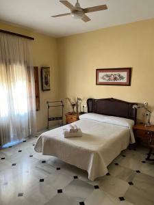 a bedroom with a bed and a ceiling fan at Casa Rural Oropesa in Villanueva del Ariscal