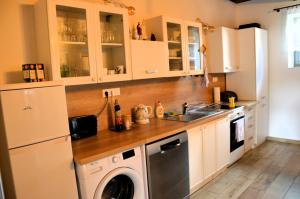 a kitchen with a sink and a washing machine at Romantická chalupa na laze in Ostrý Grúň