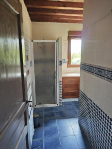 a bathroom with a shower with blue tiles at Gîtes les Deux Vallées in Le Bois-Hellain +100 photos
