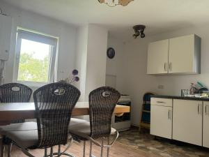 a kitchen with a table and chairs in a room at Home Tara in Haţeg