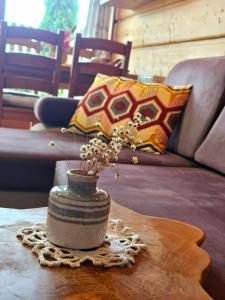 wazon z kwiatami na stole w obiekcie Apartament z widokiem na góry - Split AC, Private Terrace, Private Parking w mieście Kościelisko