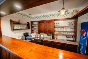 a kitchen with a bar with a counter top at Chata Polka in Horní Vltavice