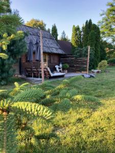 a log cabin in a field with plants in front of it at Domek Samice in Samice