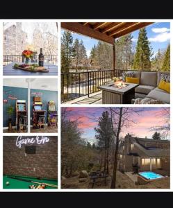 a collage of photos of a house with a pool table at Oak Mountain Retreat, Hot Tub, & BBQ, Game Room! in Lake Arrowhead