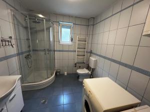 a bathroom with a shower and a toilet and a sink at Ilidza Apartments in Sarajevo