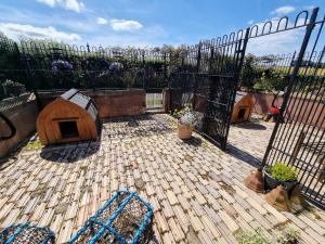 a patio with a fence and a dog house at Eco Indigo in Dunbar