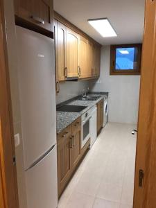 a kitchen with a white refrigerator and wooden cabinets at Apartamento la Abadía en Tramacastilla in Tramacastilla de Tena