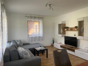 a living room with a couch and a tv at Ferienwohnung Wallner in Hof bei Salzburg