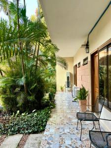 a courtyard with chairs and palm trees in a house at De la Mora Hostal in Fernando de la Mora