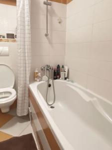 a white bathroom with a tub and a toilet at Sunset view, near the airport & private parking in Dvorník +12 photos