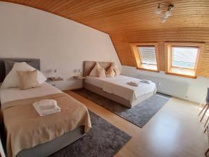 a bedroom with two beds and two windows at Ferienwohnung Lodge am See - Terrasse - Kachelofen in ruhiger Lage nahe Schluchsee in Schluchsee