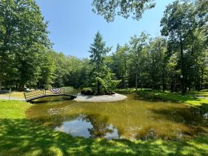 a bridge over a pond in a park at The Flying Dutchman Cottage in amenities filled Masthope community Ski Big Bear in Lackawaxen