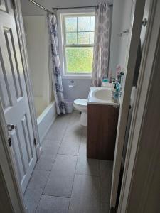 un bagno con un water, un lavandino e una finestra di Small cozy room, shared bathroom a Baltimora