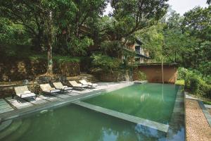 AthirappillyRainforest Resort的一个带躺椅的游泳池以及一座房子