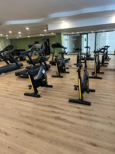 a gym with rows of treadmills and exercise bikes at Luxury Sea View Apartment Spa Pool Gym La Cala de mijas in Málaga