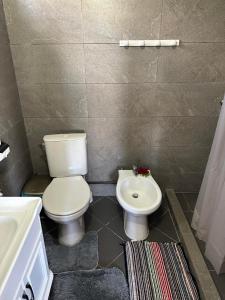 a bathroom with a toilet and a sink at Chez Guy , vue sur l'océan in Tiputa +4 photos