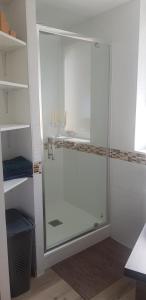 a glass shower stall in a bathroom with a counter at Bauer Brumm in Nordheim